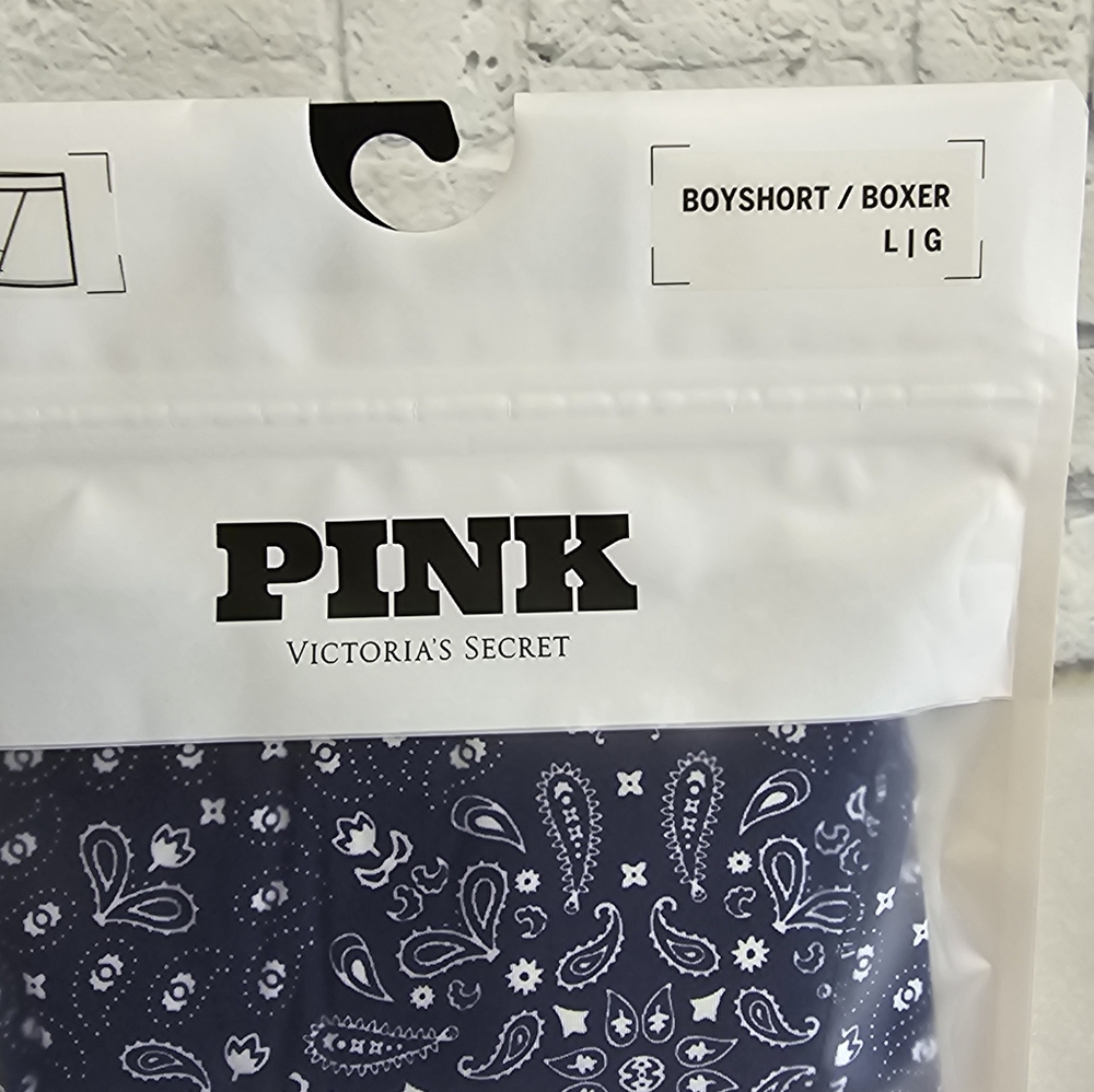 PINK Victoria's Secret Period Panty Boyshort Underwear Navy Paisley Large New - Picture 8 of 16